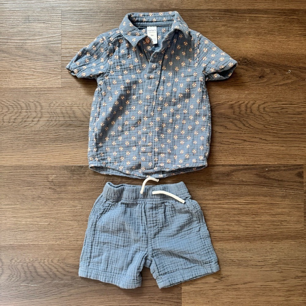 Carters Just One You Baby Boy‎ 18M Blue Gauze Button Down Shirt and Shorts Set